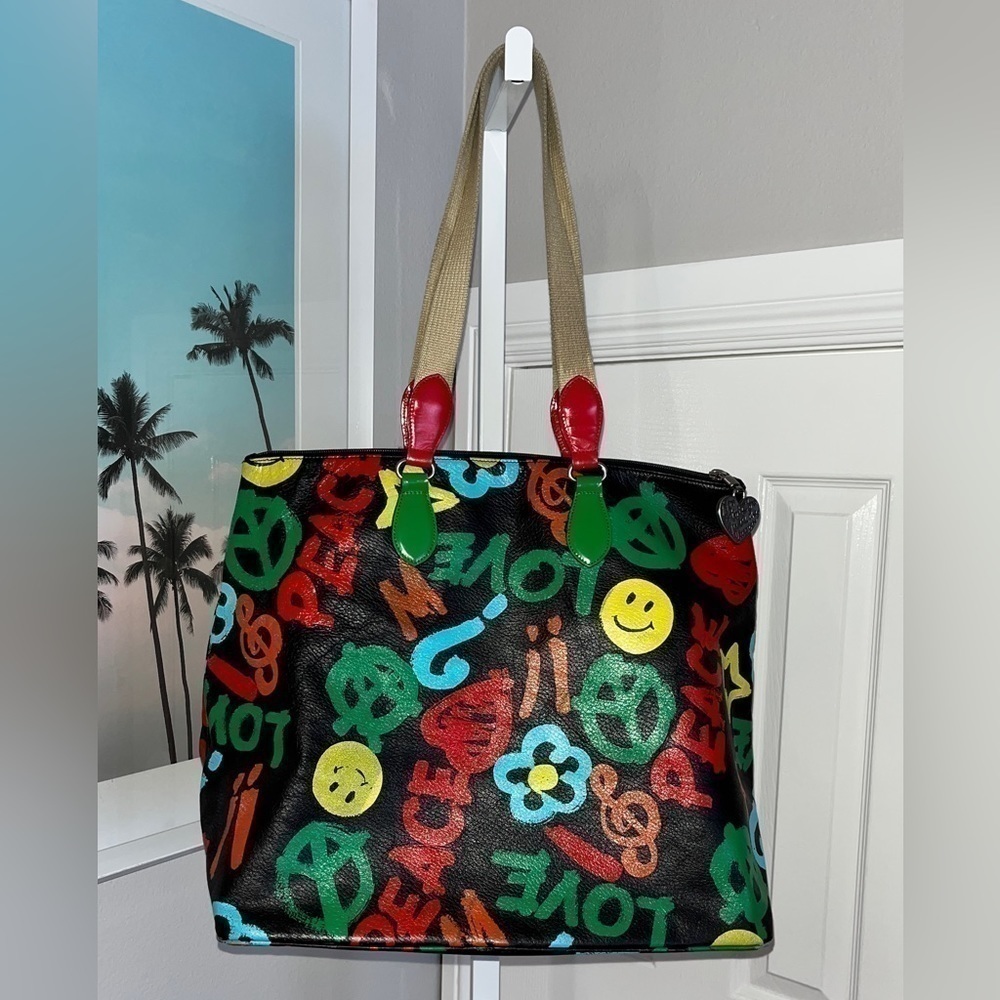 Vintage Moschino Y2K Graffitis Peace Love Flower Power Anarchy Large Tote  